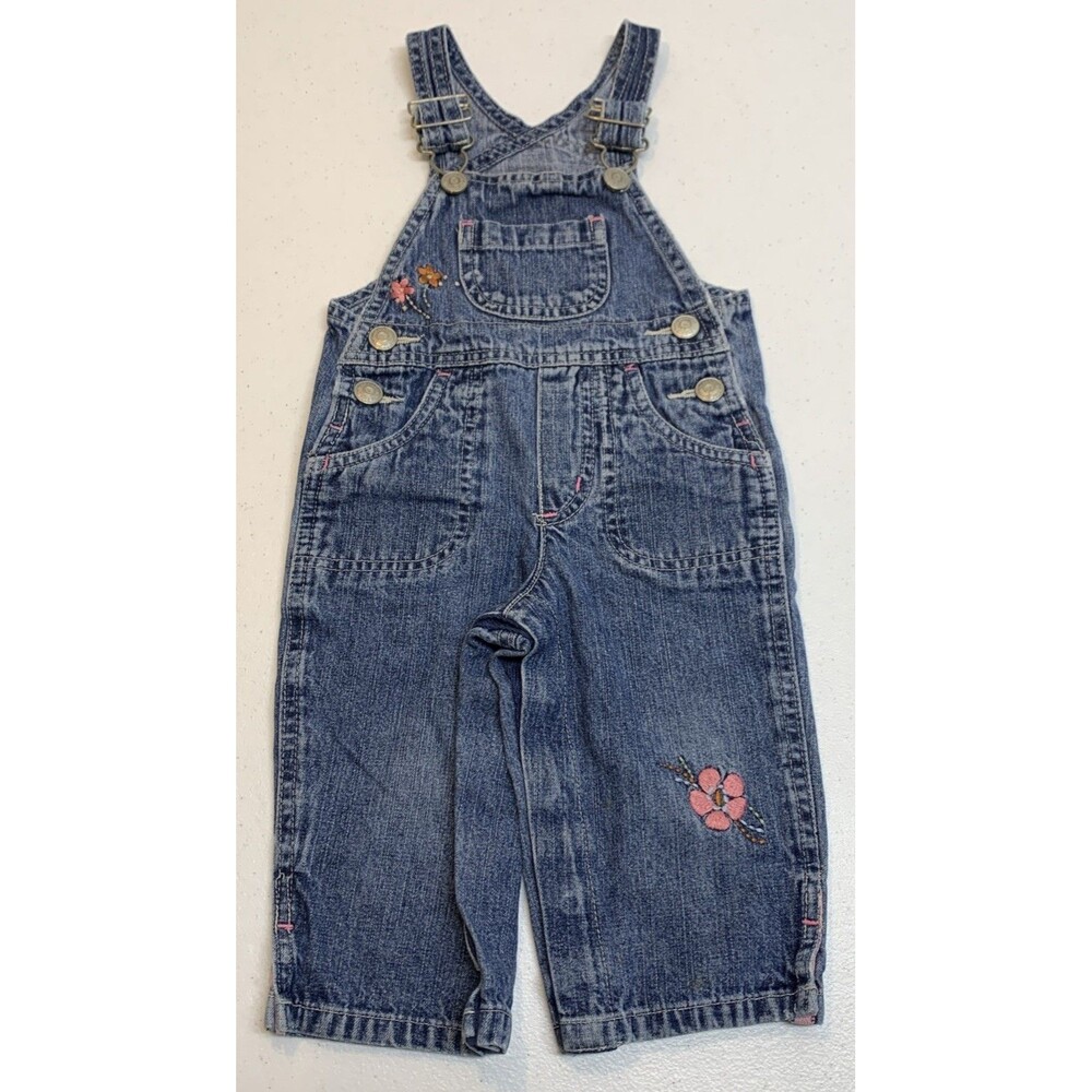 Genuine Kids OshKosh 12M Y2K Denim Overalls Toddler Girl Floral Embroidered